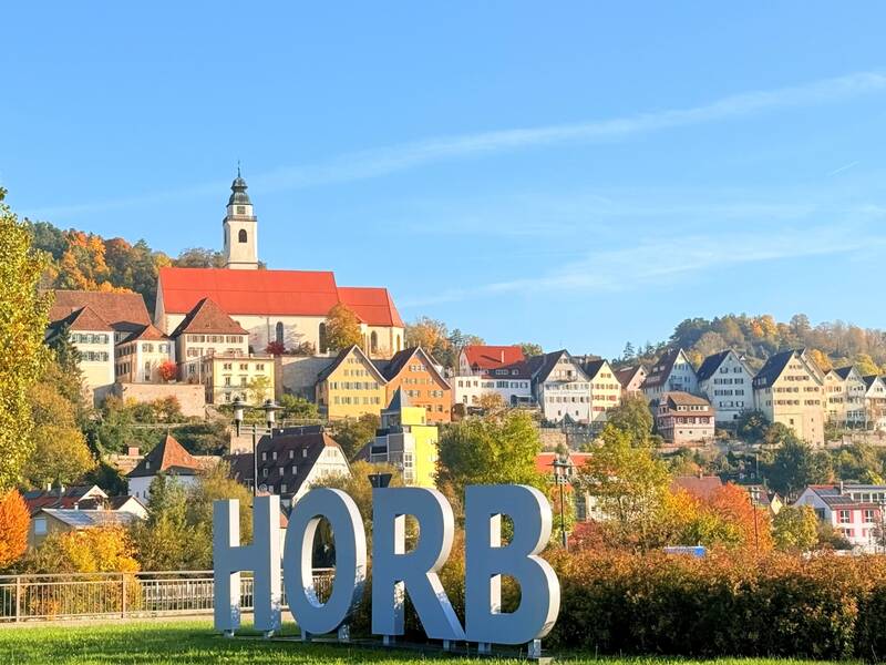 Eine hügelige Stadtlandschaft mit traditionellen Häusern, einem Kirchturm und dem Schriftzug "HORB" im Vordergrund.