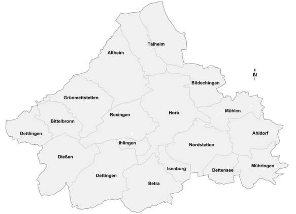 Karte mit den Stadtteilen Altheim, Talheim, Bildechingen, Mühlen, Ahlldorf, Mühringen, Dettensee, Betra, Isenburg, Dettingen, Ihlingen, Rexingen, Grünmettstetten, Bittelbronn, Dettlingen, Dießen, Nordstetten und Horb.