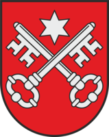 Ein rotes Wappen zeigt zwei gekreuzte silberne Schlüssel unter einem silbernen Stern.