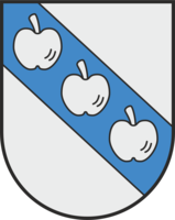 Das Bild zeigt ein Wappen mit drei blauen Äpfeln die diagonal nach unten rechts verlaufen auf einem grauen Hintergrund.