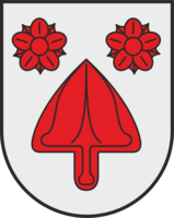 Ein Wappen zeigt zwei rote Rosen und ein rotes Blatt auf weißem Hintergrund.