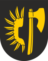 Ein schwarzes Wappen zeigt links eine gelbe halbe Sonne mit Strahlen und rechts eine gelbe Axt.
