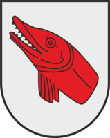 Das Bild zeigt ein Wappen mit einem roten Fischkopf auf grauem Hintergrund.