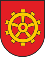Das Bild zeigt ein Wappen mit einem gelben Zahnrad auf rotem Hintergrund.