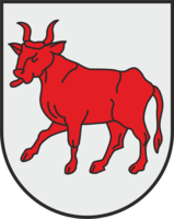 Das Bild zeigt ein Wappen mit einem roten Stier auf einem grauen Hintergrund.