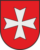 Ein rotes Wappen zeigt ein weißes, stilisiertes Kreuz.